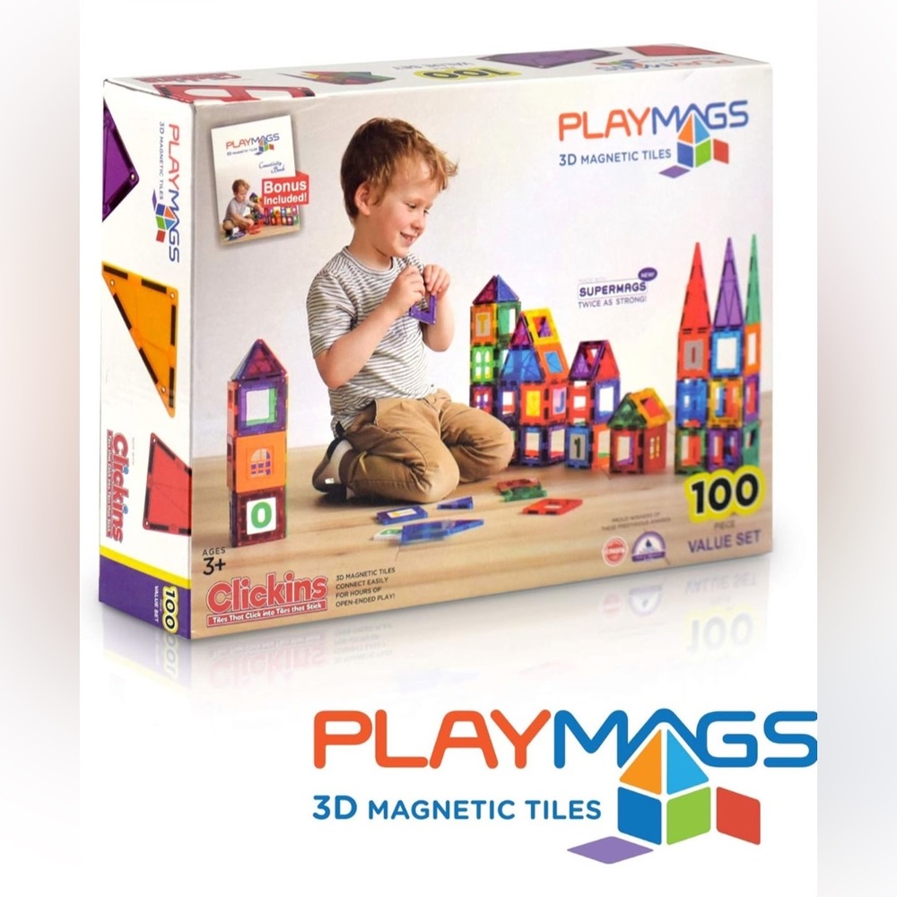 Playmags 100-Piece Magnetic Tiles Building Blocks Set, 3D Magnet Tiles for Kids